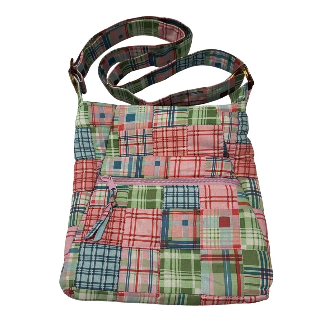 Tanya Lee Quilted Crossbody Bag Purse Pink & Green Plaid Print Excellent